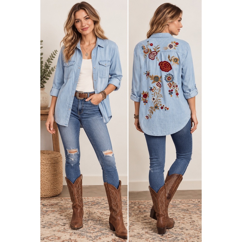 Kyla Seo Women's XL Embroidered Chambray Shirt Floral Boho Western Snap Front